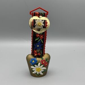 Vtg Hand Painted Edelweiss Flower Brass Swiss Cow Bell with Embroidered Strap
